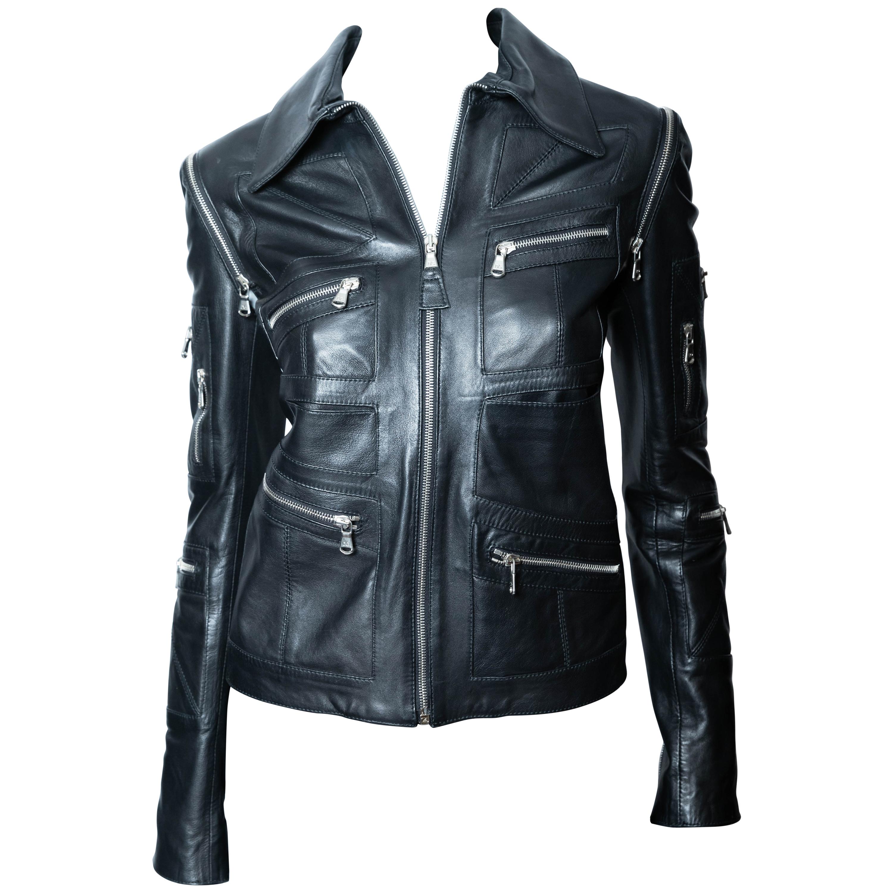 Dolce & Gabbana Black Leather Jacket with Detachable Sleeves For Sale