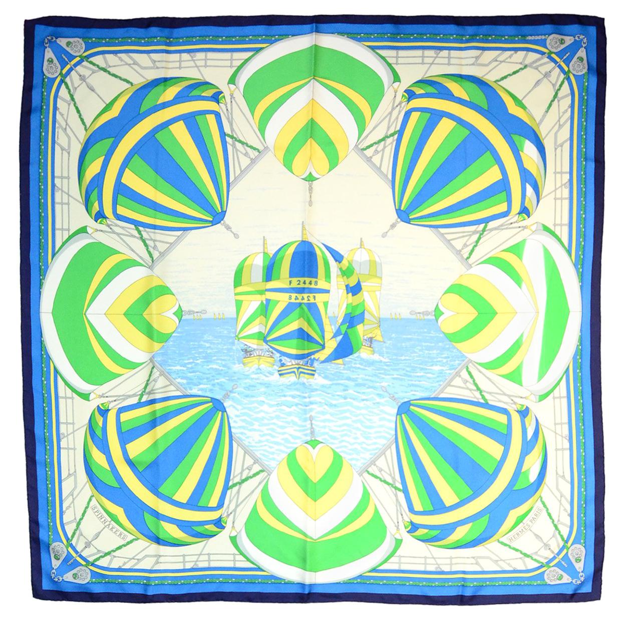 Hermes Blue/Green/White Spinnakers Print Silk Scarf 