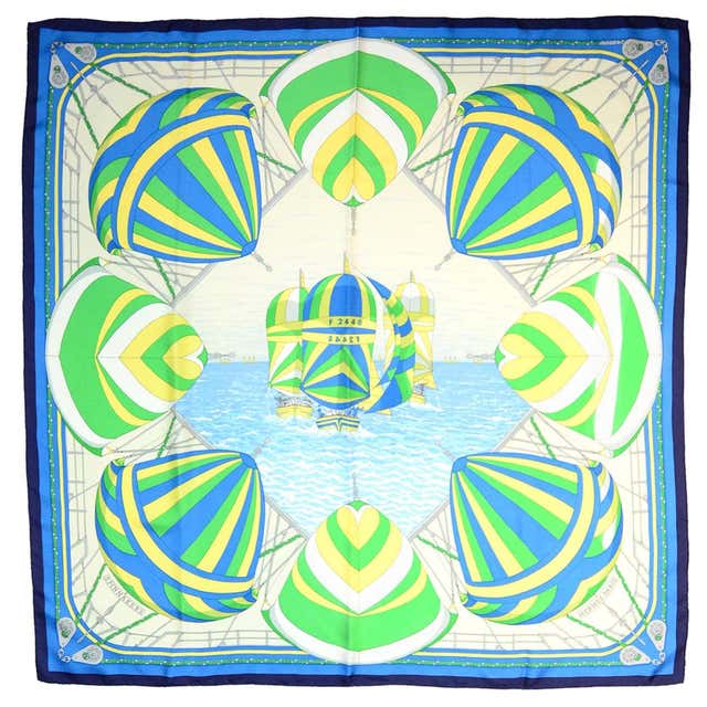 Hermes Blue/Green/White Spinnakers Print Silk Scarf For Sale at 1stDibs