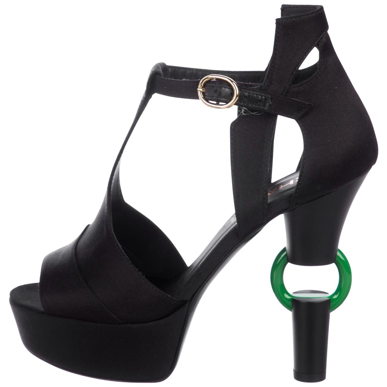Chanel NEW Runway Black Satin Green Detail Evening Sandals Heels in Box