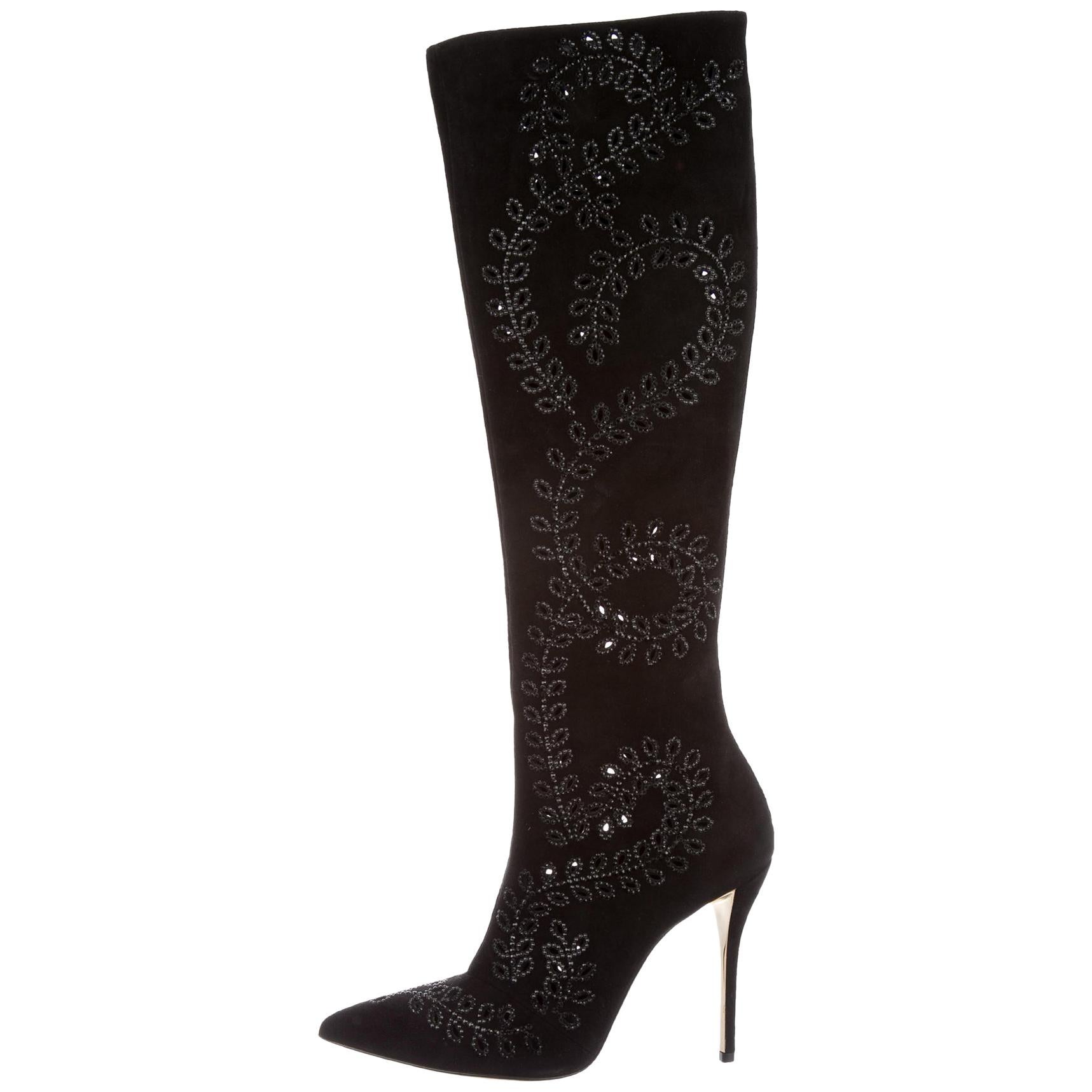 Oscar de la Renta NEW Black Suede Jewel Knee Evening High Boots in Box