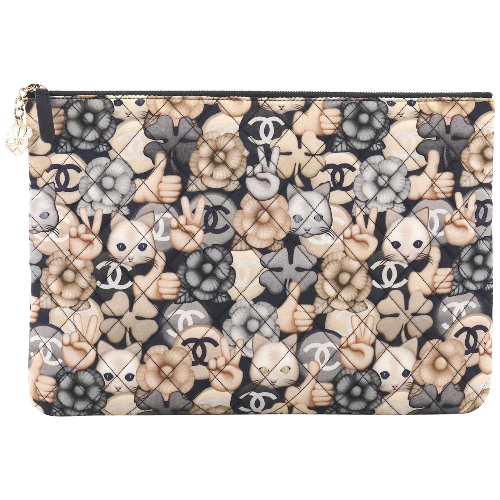 Chanel Emoticon O Case Clutch Quilted Printed Nylon Large