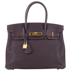 Hermes Birkin Handbag Raisin Clemence with Gold Hardware 30