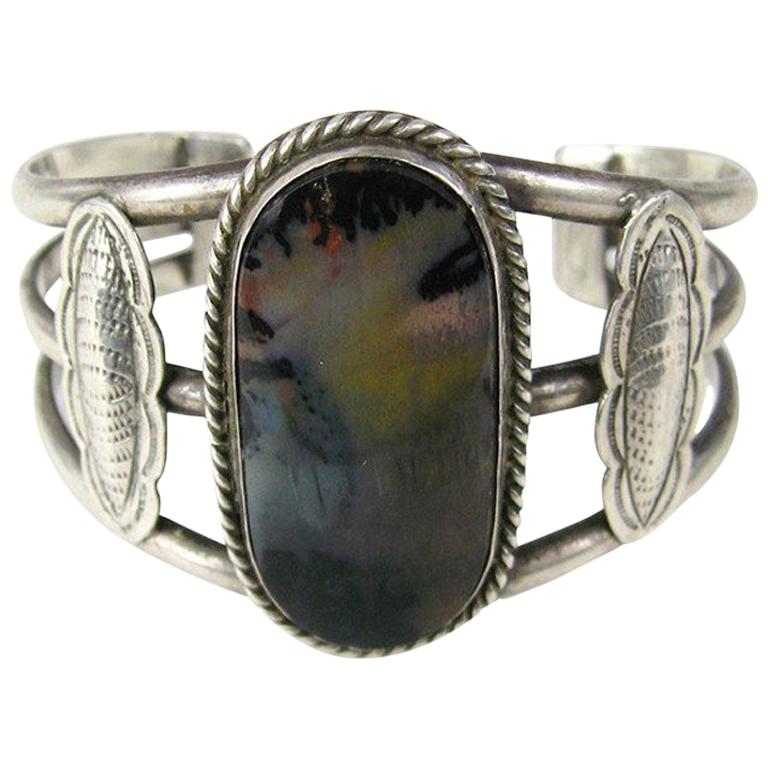 Scenic Navajo petrified wood Sterling Silver 3 wire Cuff Bracelet