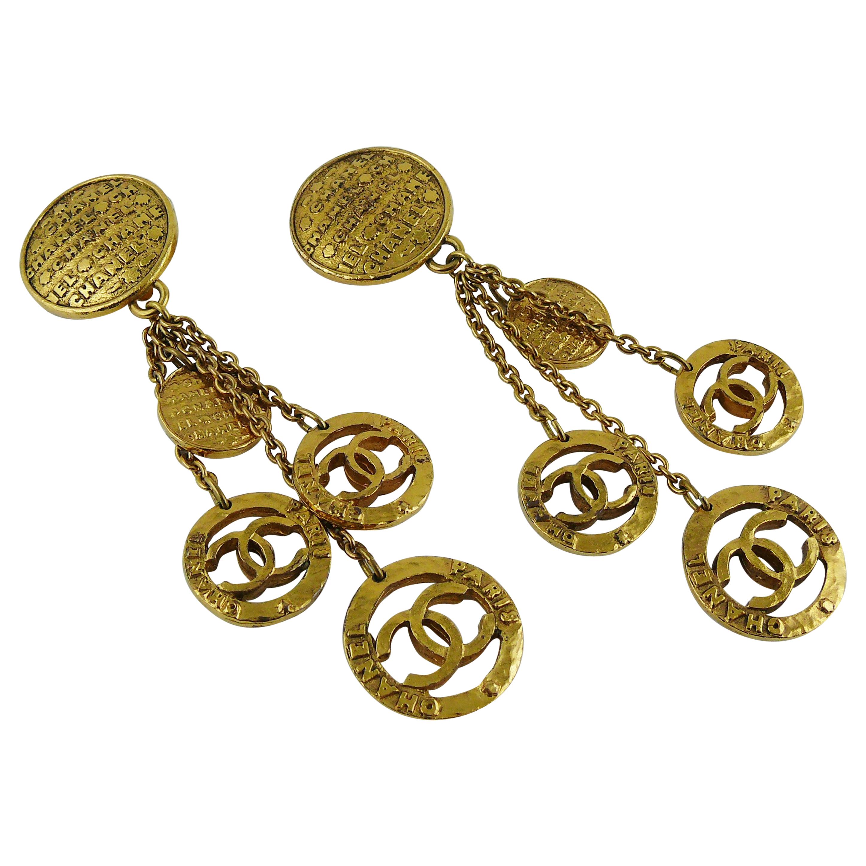 Chanel Vintage Gold Toned Coin Charms Dangling Earrings