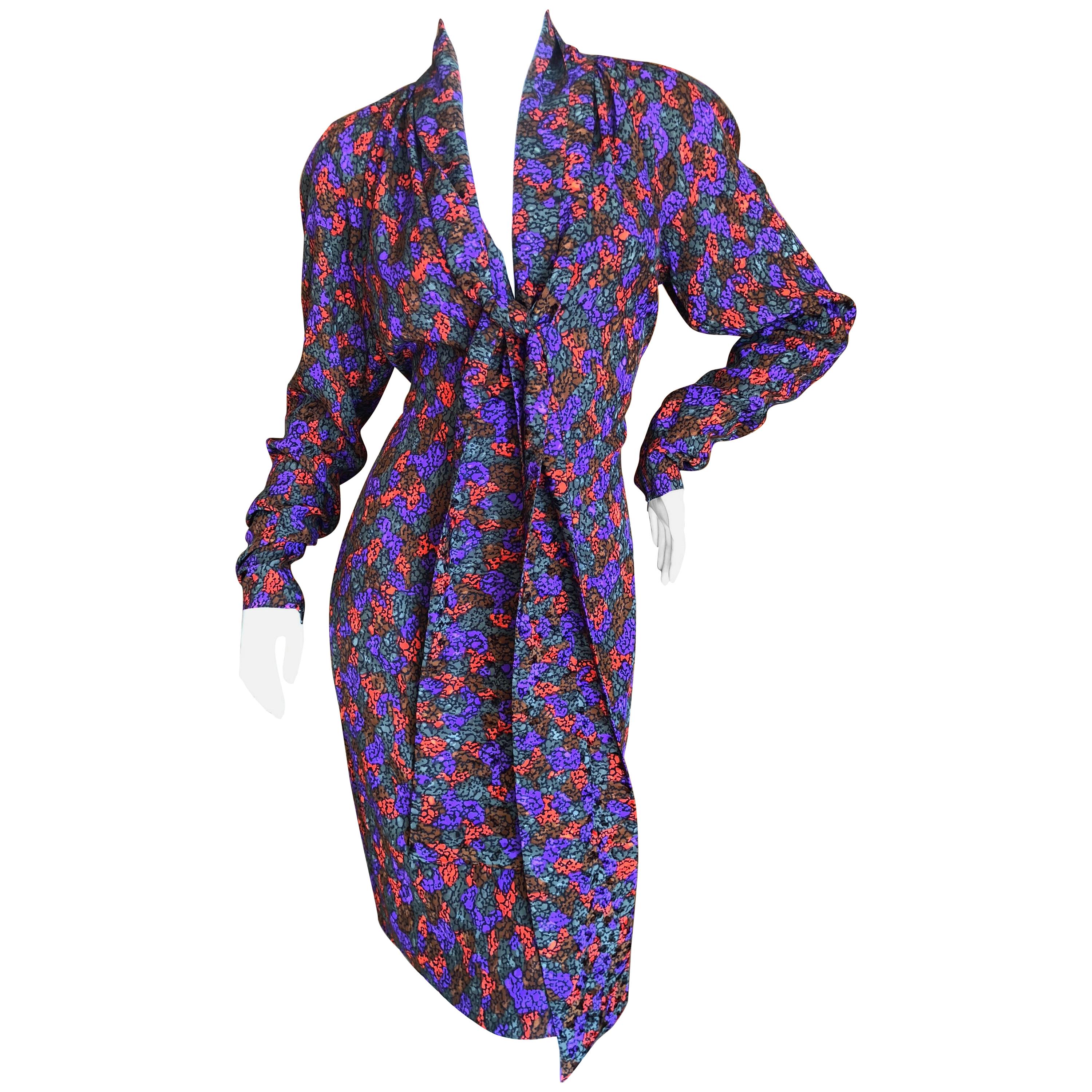 Yves Saint Laurent Rive Gauche 1970's Silk Low Cut Dress with Pussy Bow Ties For Sale