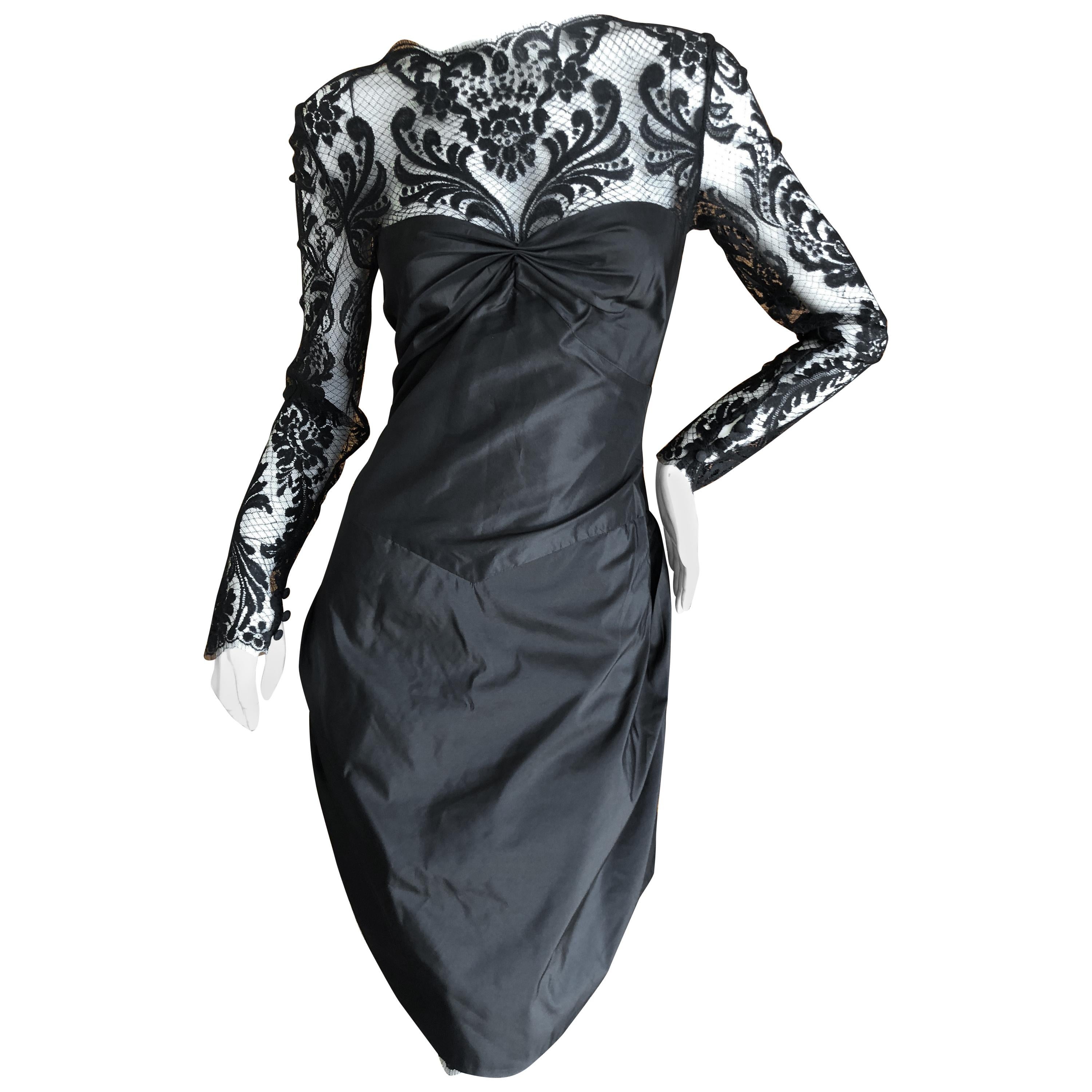 Bill Blass for Saks Fifth Avenue 80's Lace Accented Black Silk Cocktail Dress For Sale