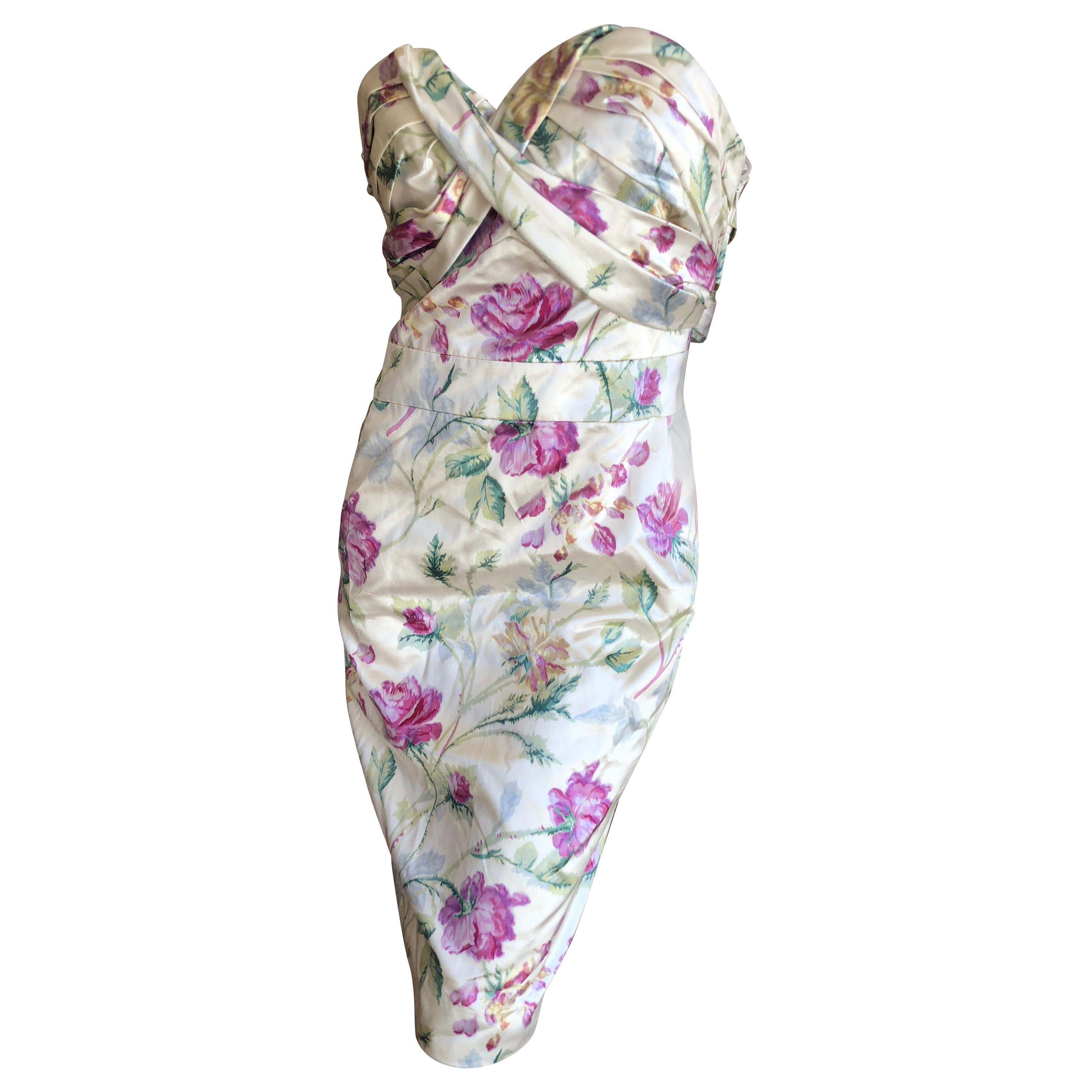 Christian Dior by John Galliano Strapless Corseted Silk Floral Cocktail Dress  For Sale