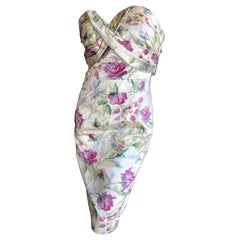 Christian Dior by John Galliano Strapless Corseted Silk Floral Cocktail Dress 