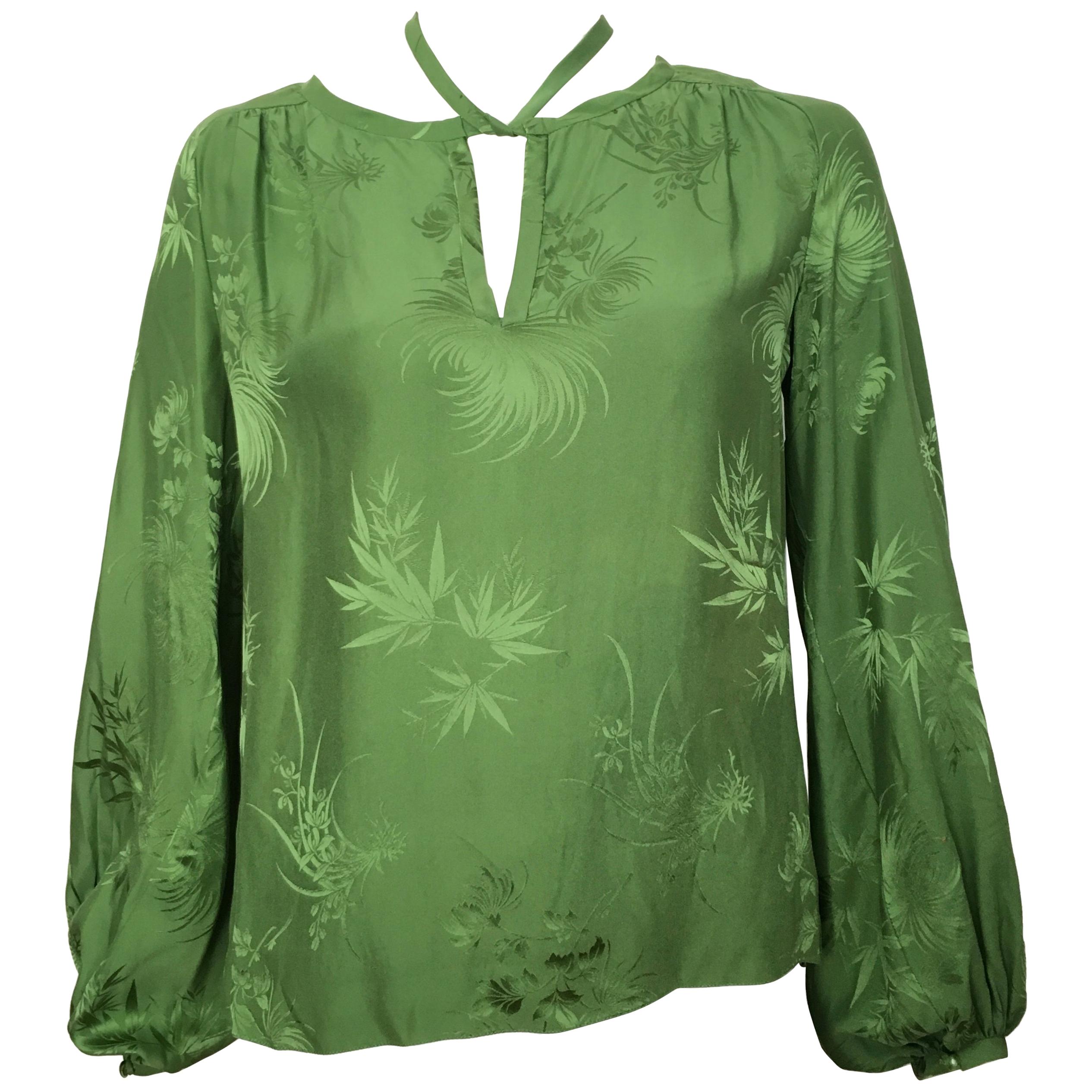 Malcolm Starr 1970s Green Silk Long Sleeve Blouse Size 6/8. For Sale