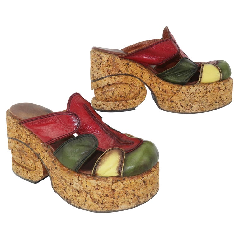 1970's Patchwork Leather Cork Platform Shoes at 1stDibs