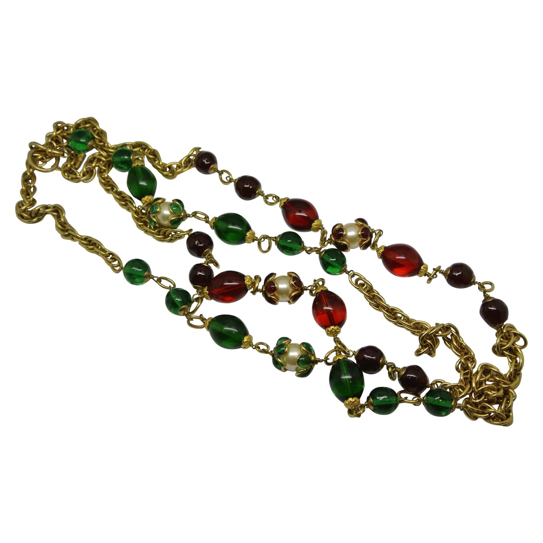 Chanel green red gripoix poured glass flower capped faux pearl chain necklace
