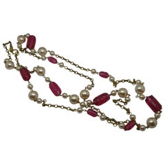 Chanel signed red poured glass faux pearl long chain necklace