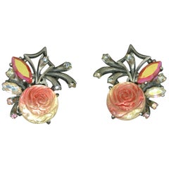 Retro Schiaparelli 1950s Red glass Rose earrings