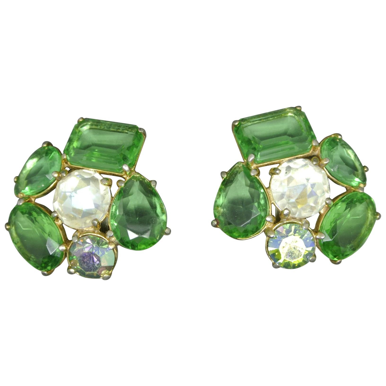 Schiaparelli 1950s green glass gold-tone earrings For Sale