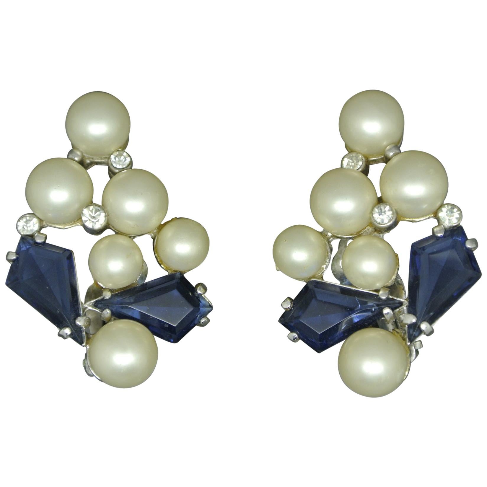 Schiaparelli 1950s blue glass faux pearl gold-tone earrings For Sale