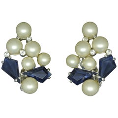 Schiaparelli 1950s blue glass faux pearl gold-tone earrings