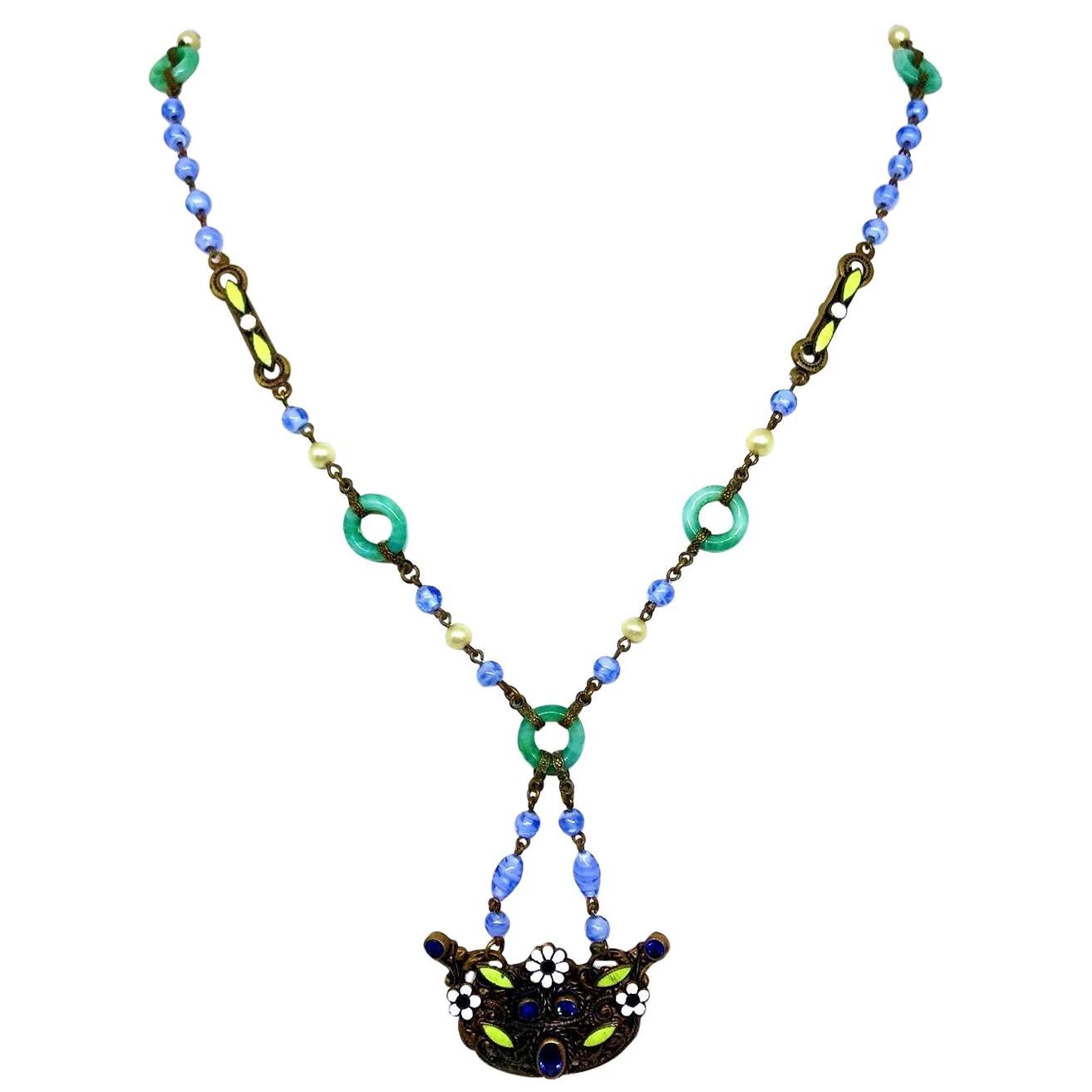 1920s Czech Blue and Green Glass Bead Necklace With Ornate Jeweled Pendant