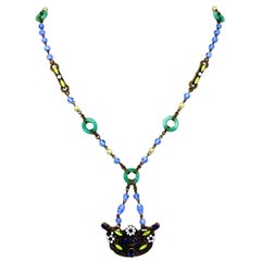 Antique 1920s Czech Blue and Green Glass Bead Necklace With Ornate Jeweled Pendant