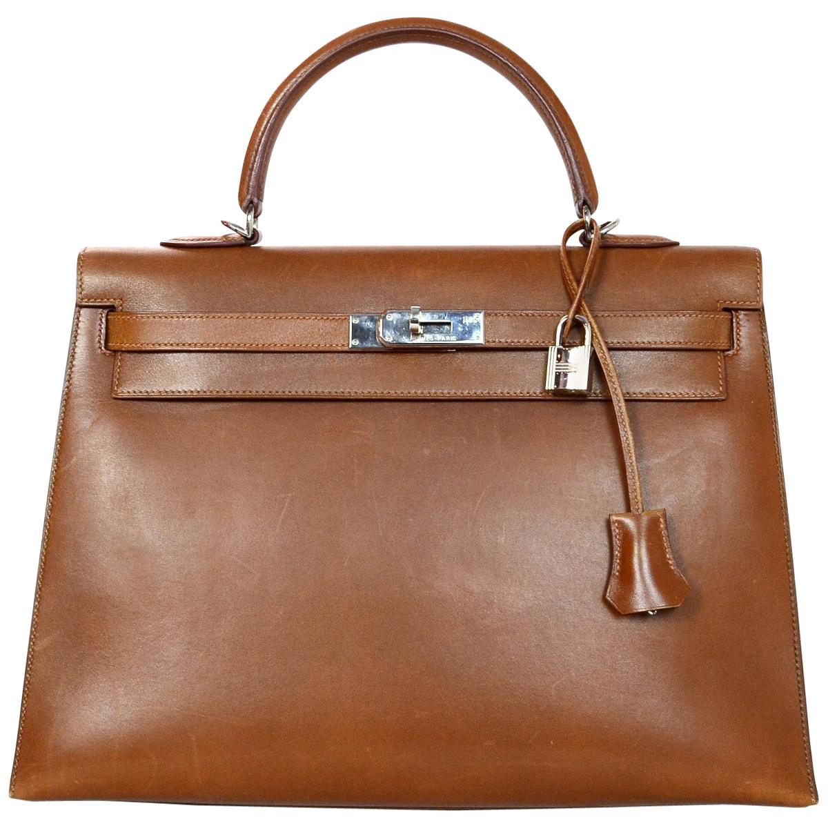 Hermes Tan Box Leather Sellier Rigid Kelly 35cm Bag W/ PHW