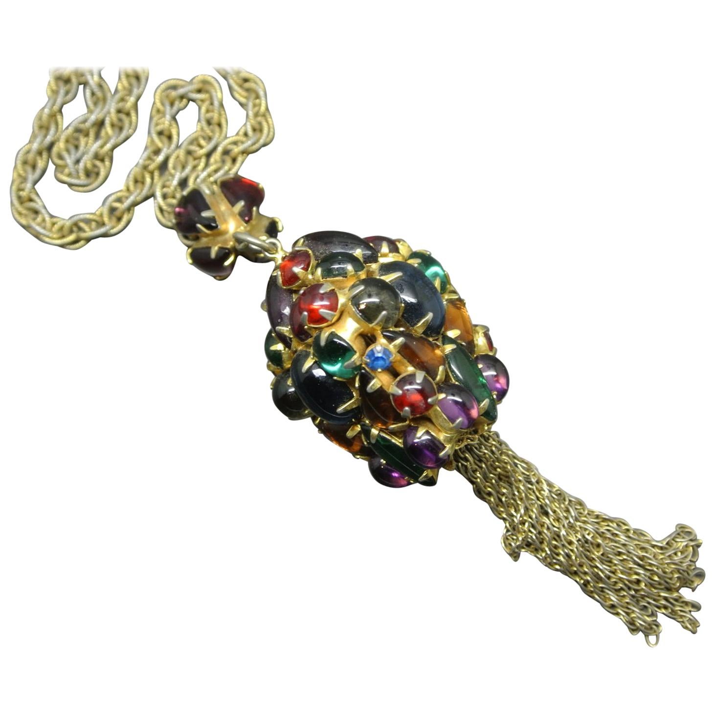 Schiaparelli multi-colour glass pendant gold-tone tassel necklace For Sale