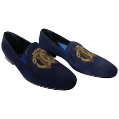 NEW ROBERTO CAVALLI NAVY SUEDE LEATHER LOAFERS with EMBROIDERED LOGO for MEN (en anglais)