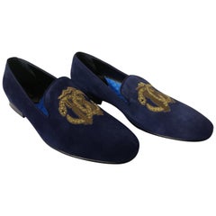 NEW ROBERTO CAVALLI NAVY SUEDE LEATHER LOAFERS with EMBROIDERED LOGO for MEN 