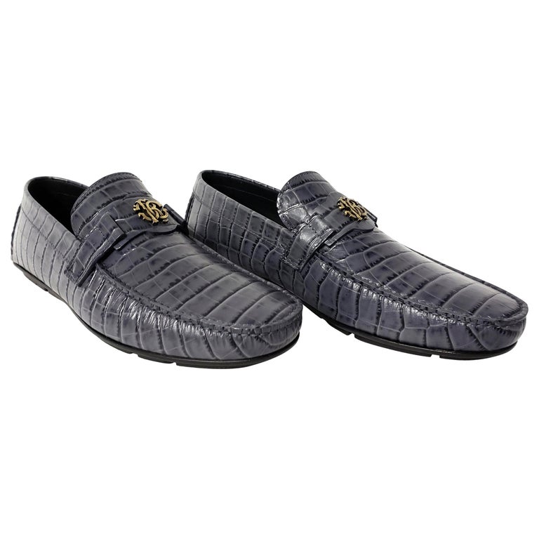 Versace Men's Dark Brown Croc Print Leather Moccasins Driving Shoes