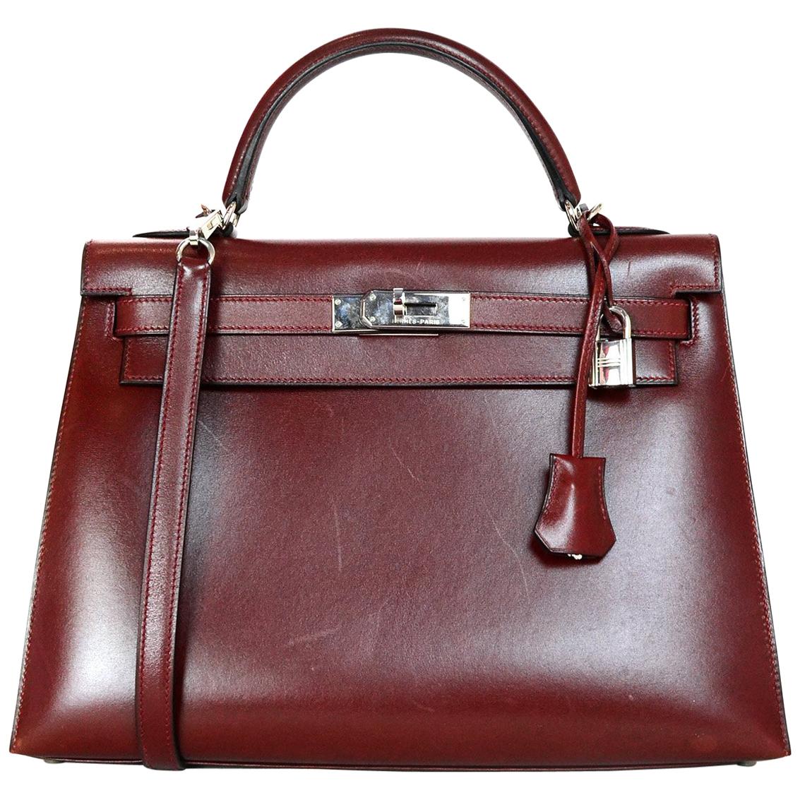 Hermes Red Rouge H Box Leather Rigid Sellier Kelly 32cm Bag w/ PHW