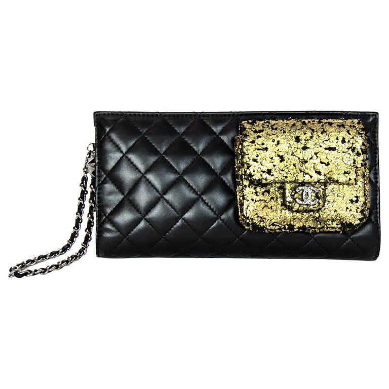 Chanel Black Quilted Leather/Distressed Pocket Gold Mineral Nights Wristlet Bag For Sale at 1stDibs