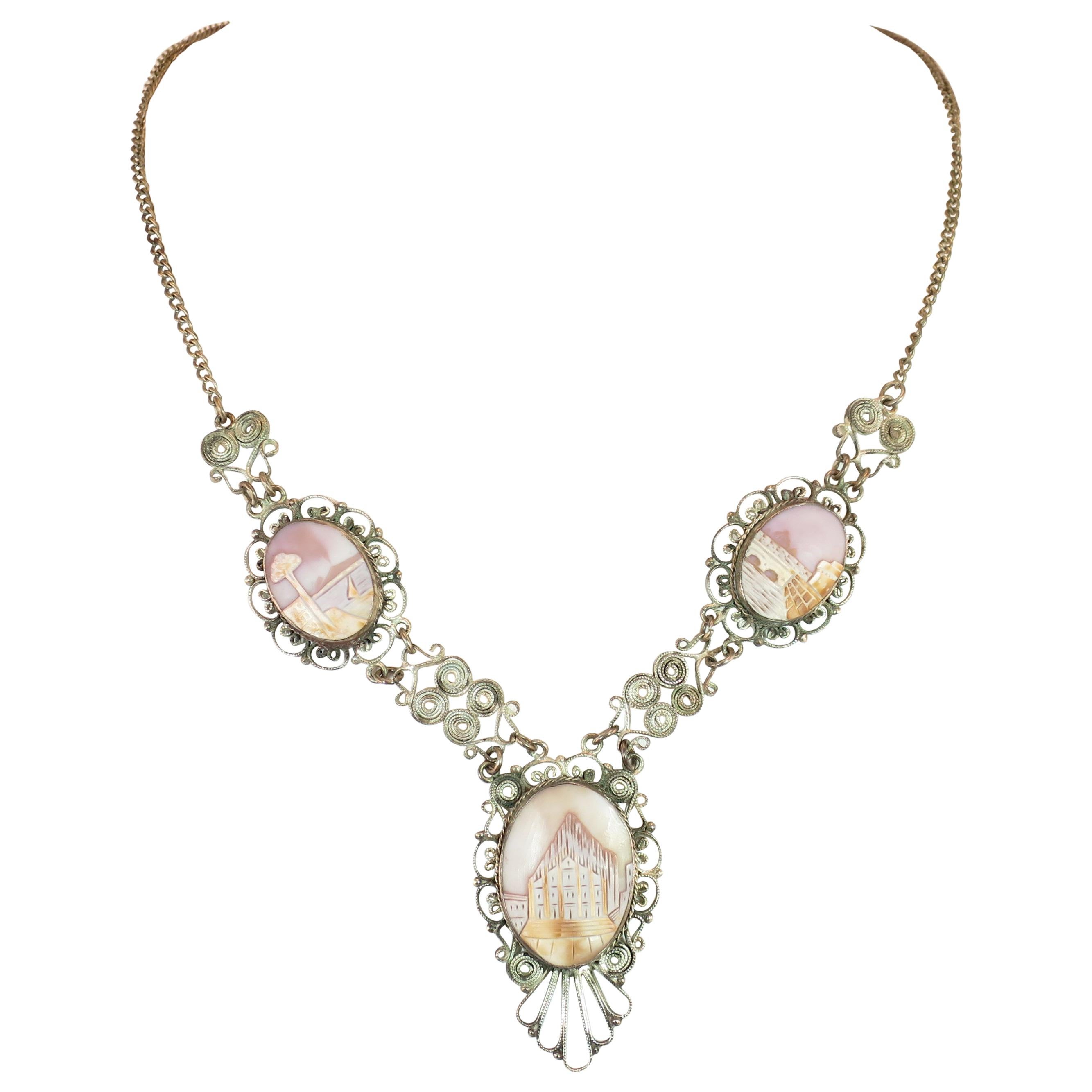 Victorian-Style Landscape Shell Cameo Filigree Necklace Italy 1950s For Sale