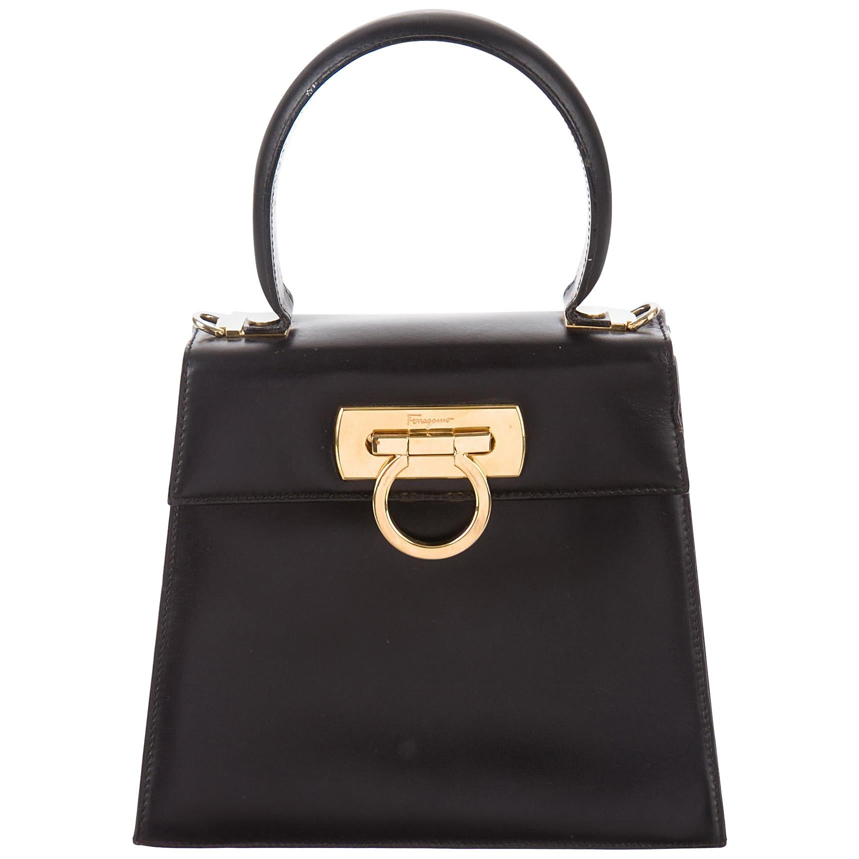 Salvatore Ferragamo Black Leather Gold Kelly Style Top Handle Mini Bag