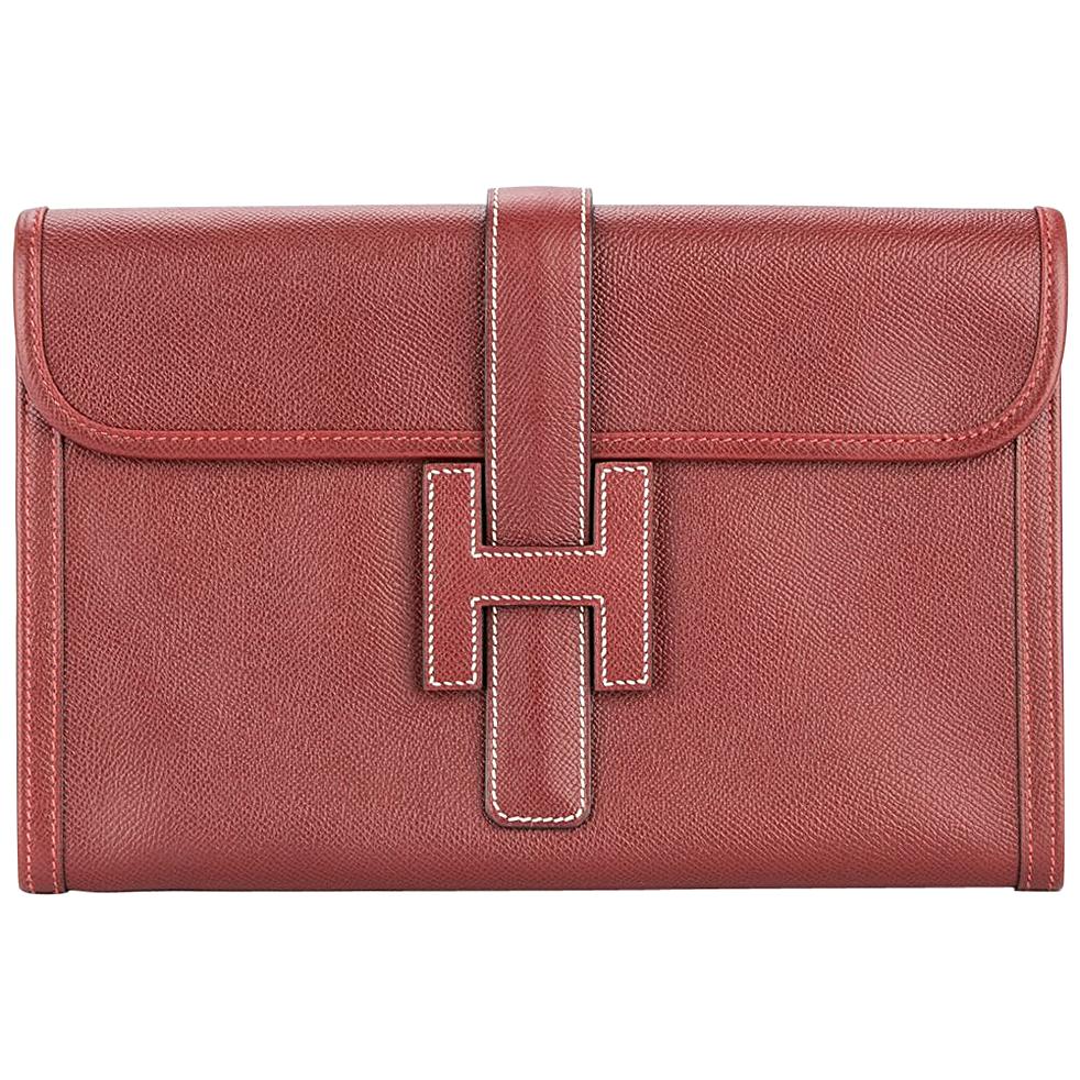 Hermes Red Leather 'H' Logo Charm Evening Envelope Clutch Bag