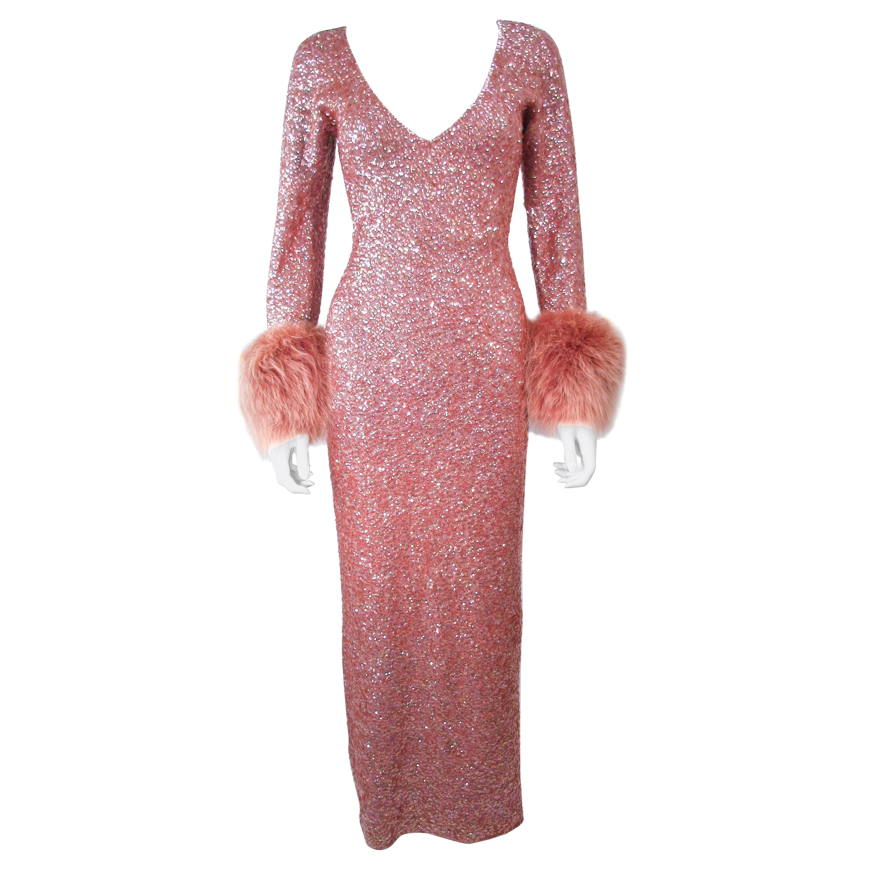 Vintage Rose Stretch Wool Sequin Gown W/ Fox Fur Trim Attributed to Gene Shelly