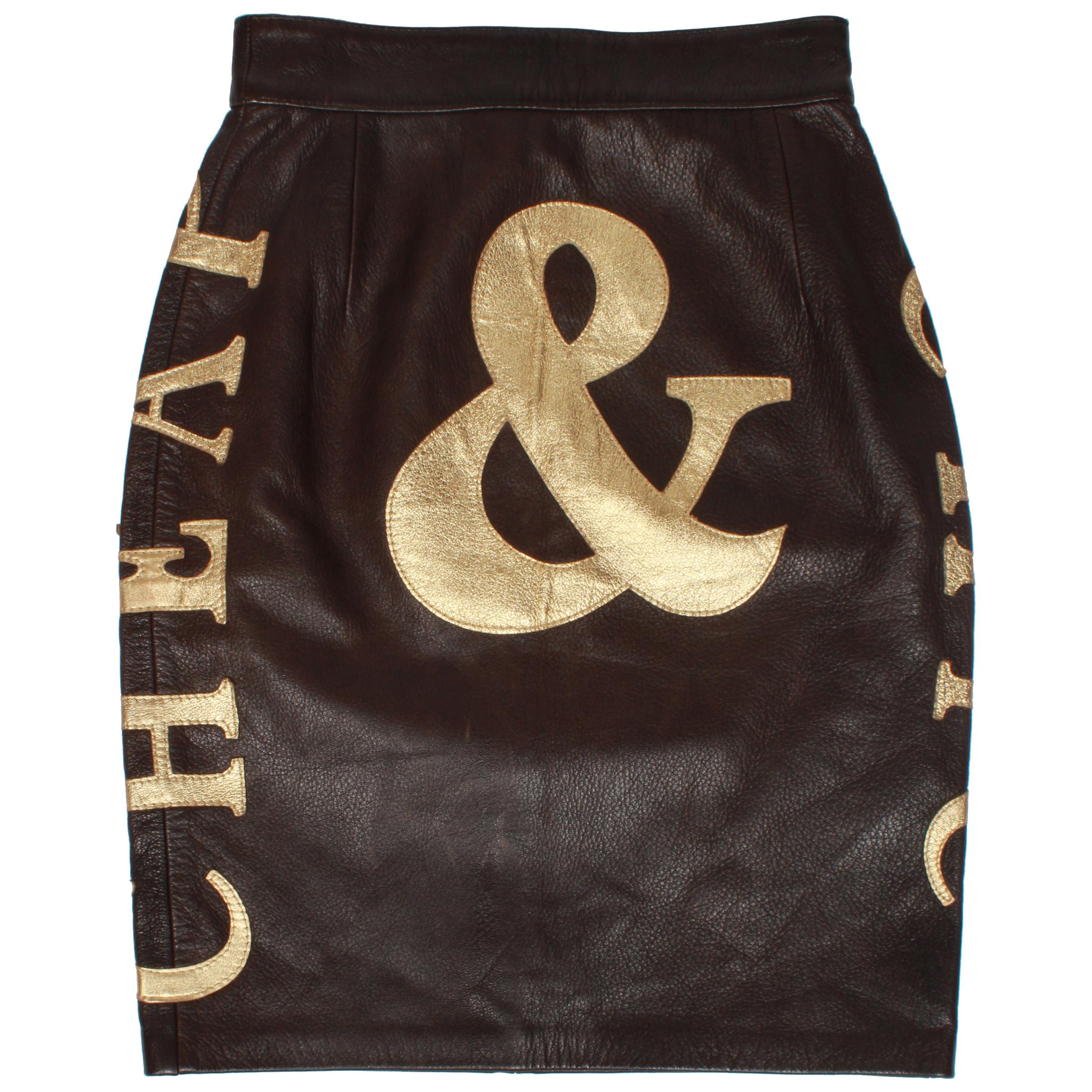 Moschino Cheap & Chic Chocolate and Gold Leather Pencil Skirt For Sale