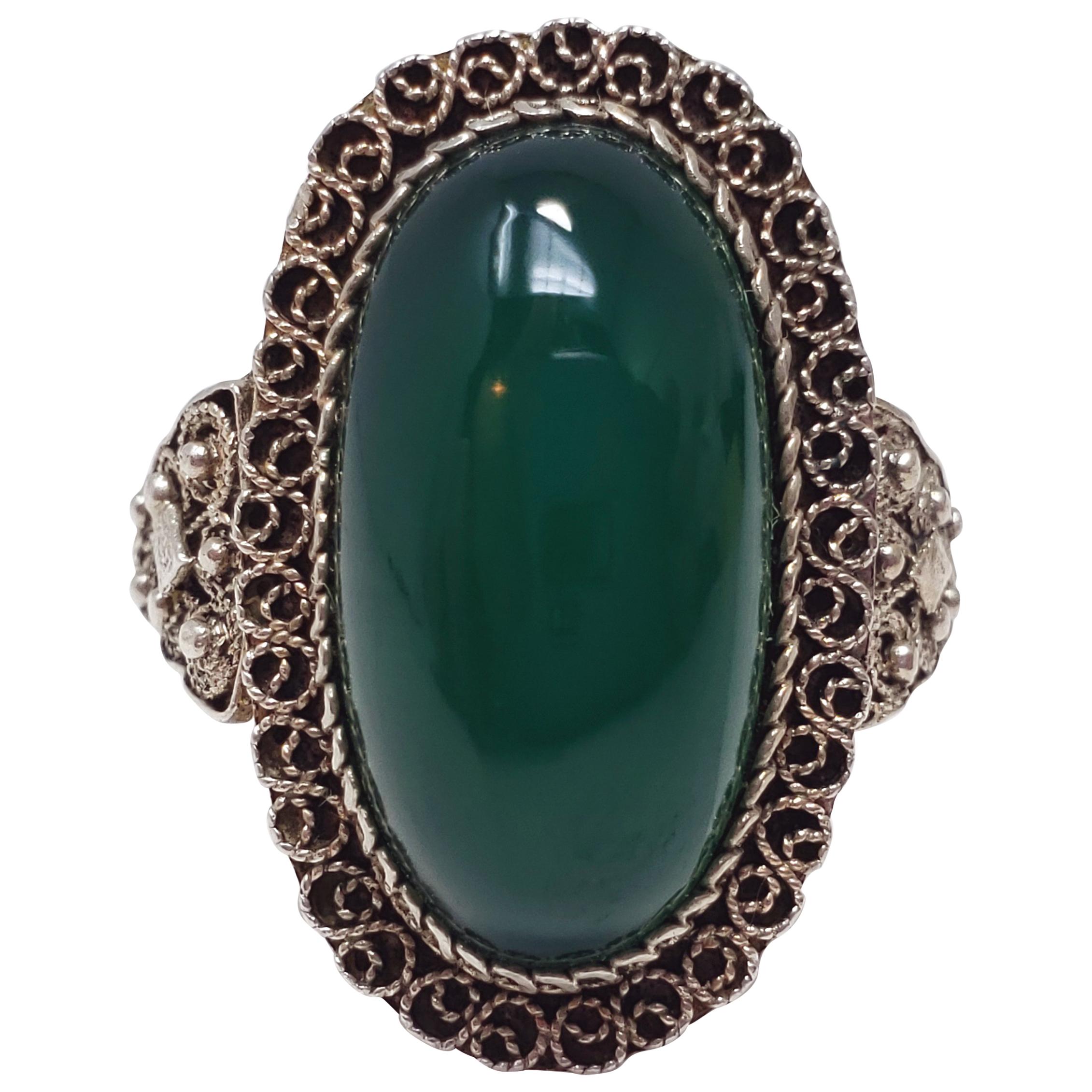 Antique Victorian Green Art Glass Cabochon .800 Silver Cocktail Ring Size 7