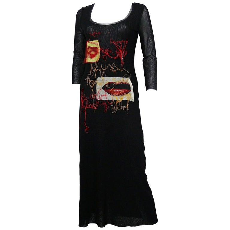 Jean Paul Gaultier Vintage Mesh Dress with Eye and Mouth Appliques Size L For Sale