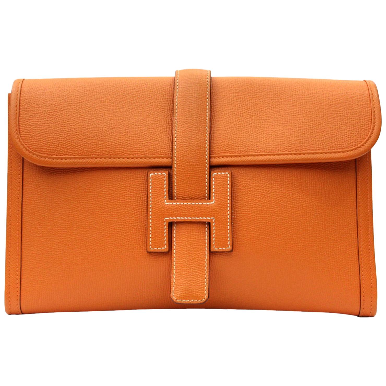 Hermes Clutch Jige Epson Orange Leather 
