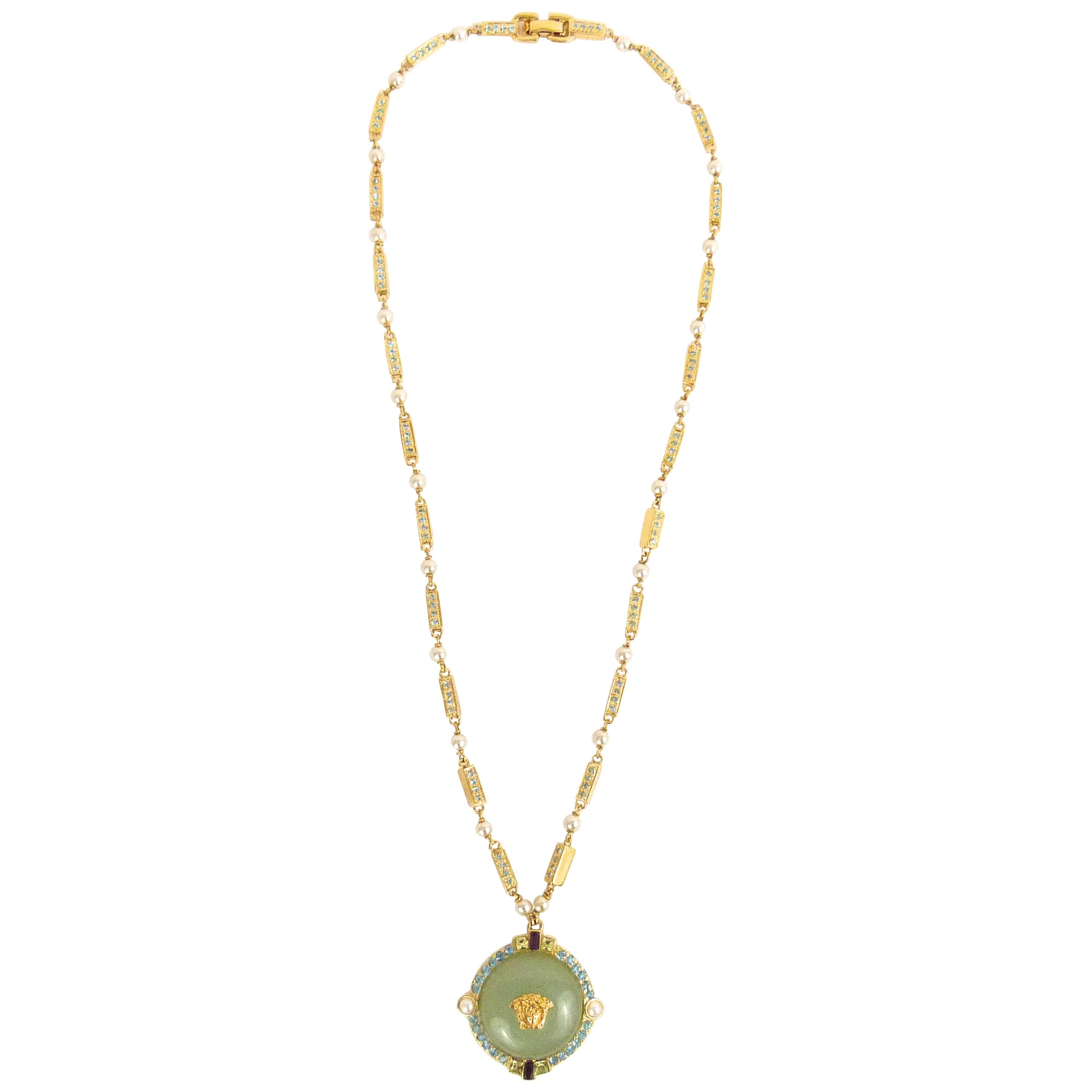 Gianni Versace jade green medusa pendant necklace with coloured stones