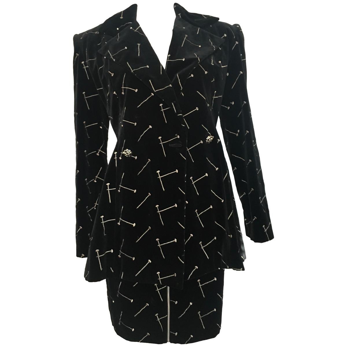 Patrick Kelly 1988 Black Velvet 'Nail' Skirt Suit Size 4. For Sale