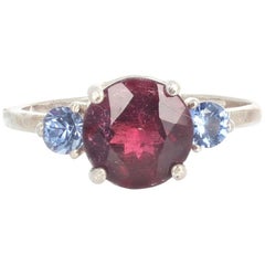 AJD Brilliant Rubellite Tourmaline & Blue Sapphire Silver Engagement Ring