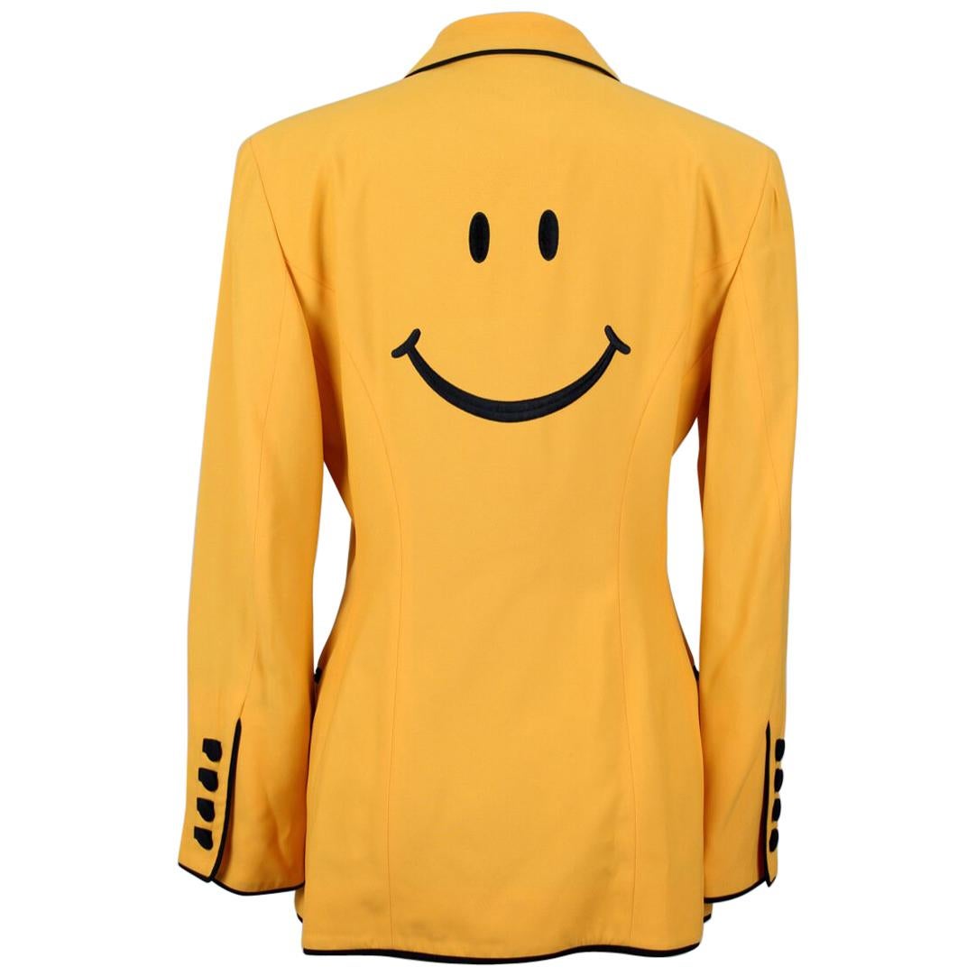 veste Moschino Couture 1992 jaune "Smiley Face" avec passepoil noir
