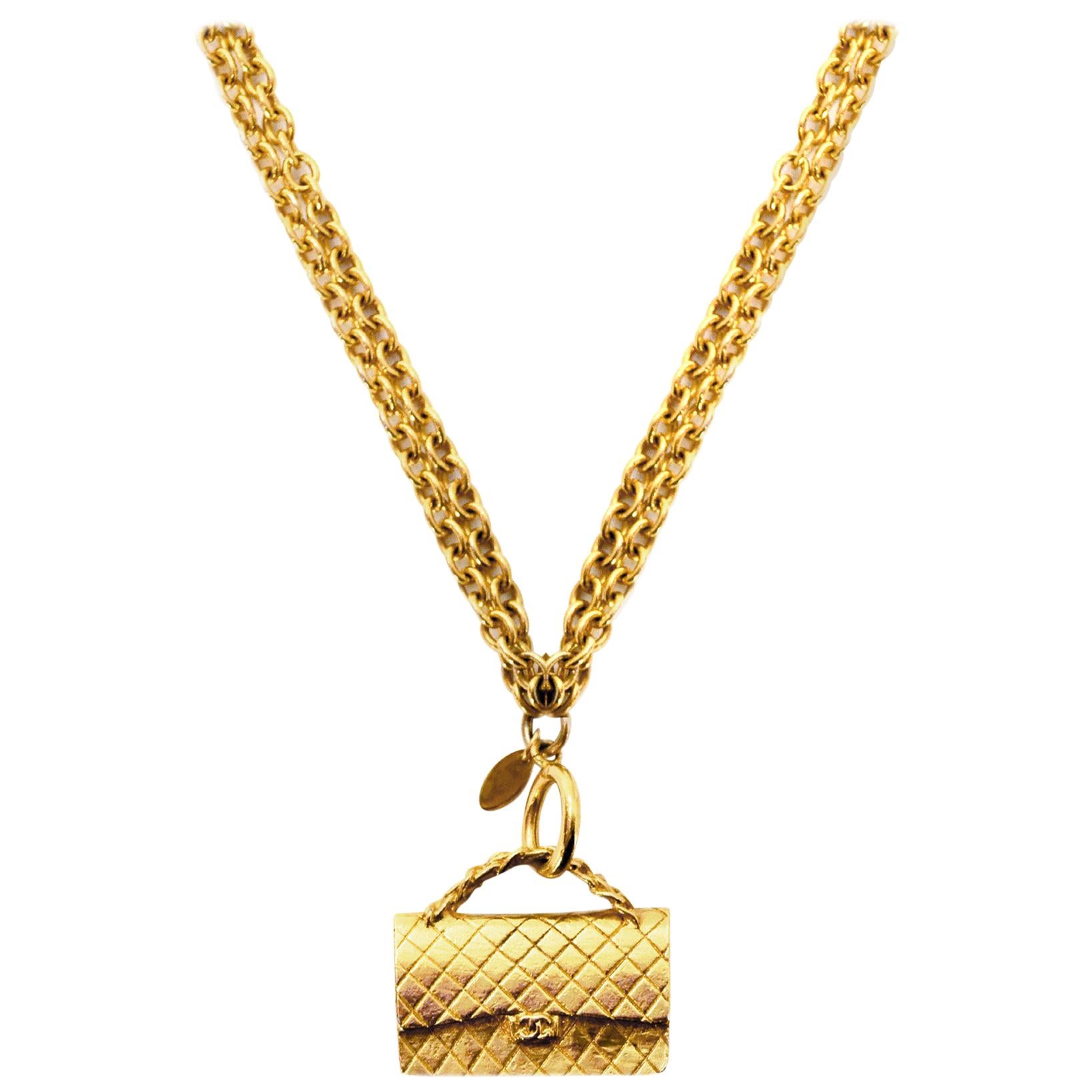 Chanel '90s Vintage Goldtone Chain-Link Necklace W/ Flap Bag Pendant