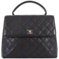 Chanel Vintage Classic Top Handle Flap Bag Quilted Caviar Jumbo