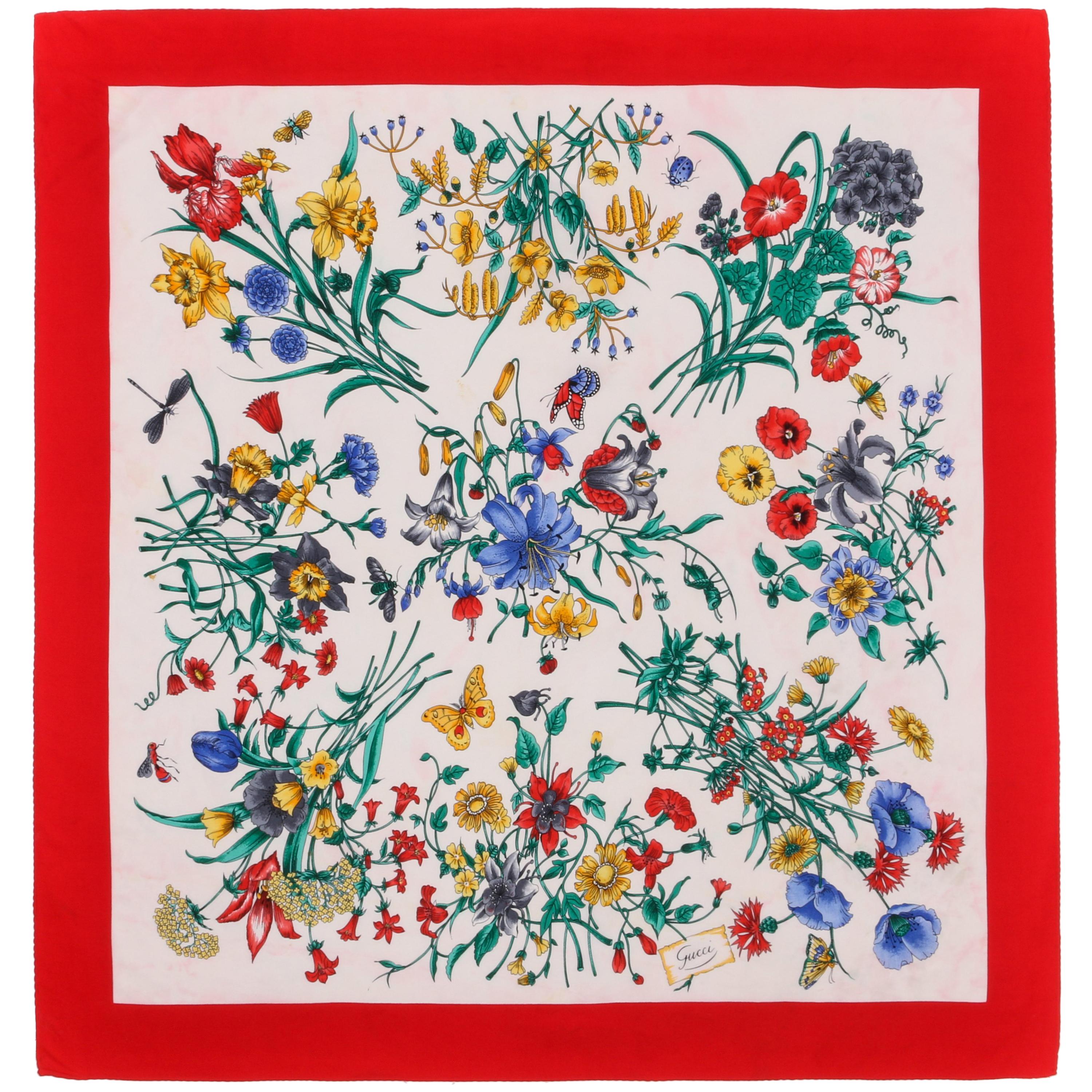 GUCCI c.1970s Vittorio Accornero Red Iconic "Flora" Print Silk Scarf