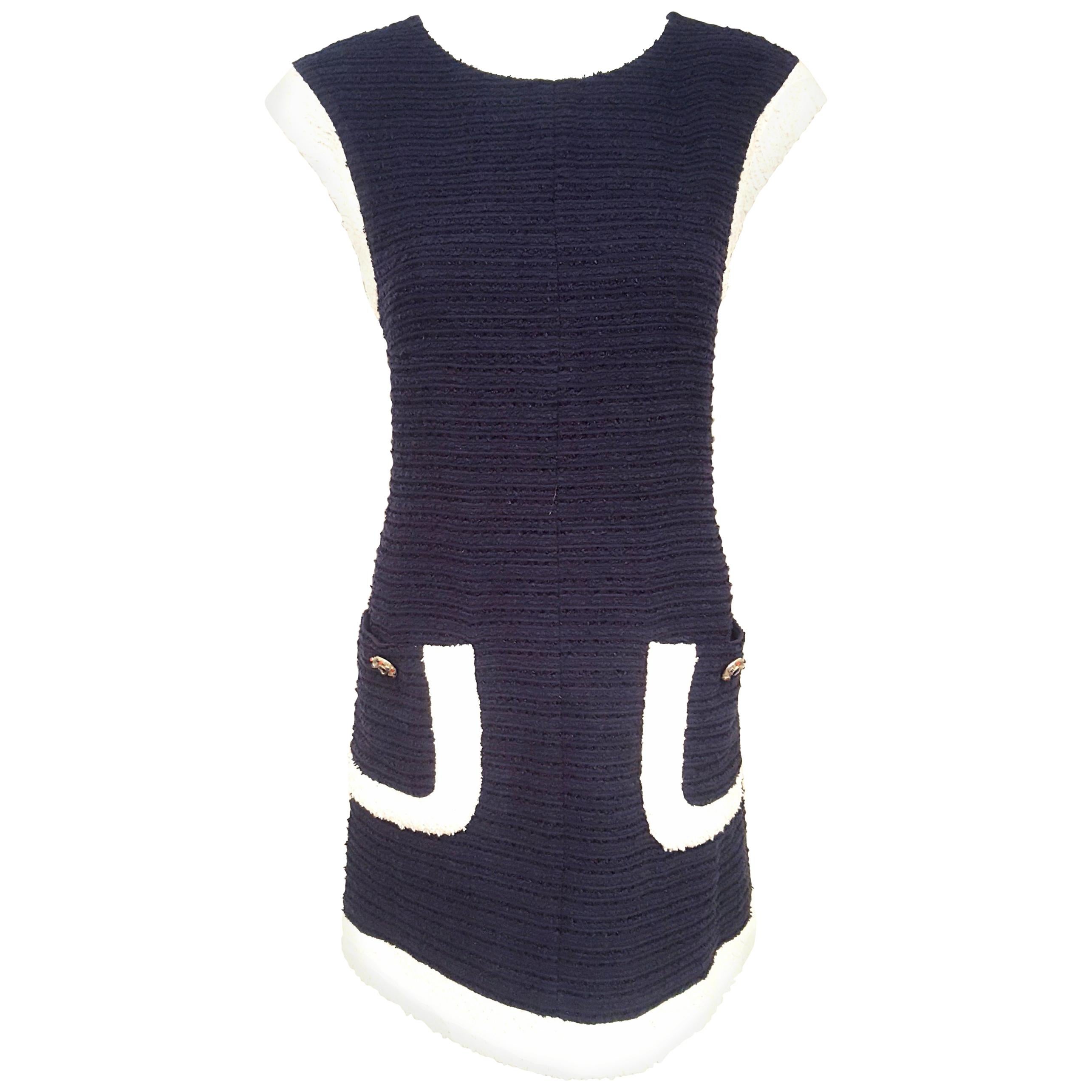 Chanel Navy and White Boucle Sleeveless From 2014 Runway Collection Dress