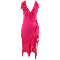 VERSACE S/S 2004 Hot Pink Knit V Neck Ruffle Wrap Dress