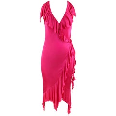 VERSACE S/S 2004 Heißes rosa Strickkleid mit V-Ausschnitt und Rüschen