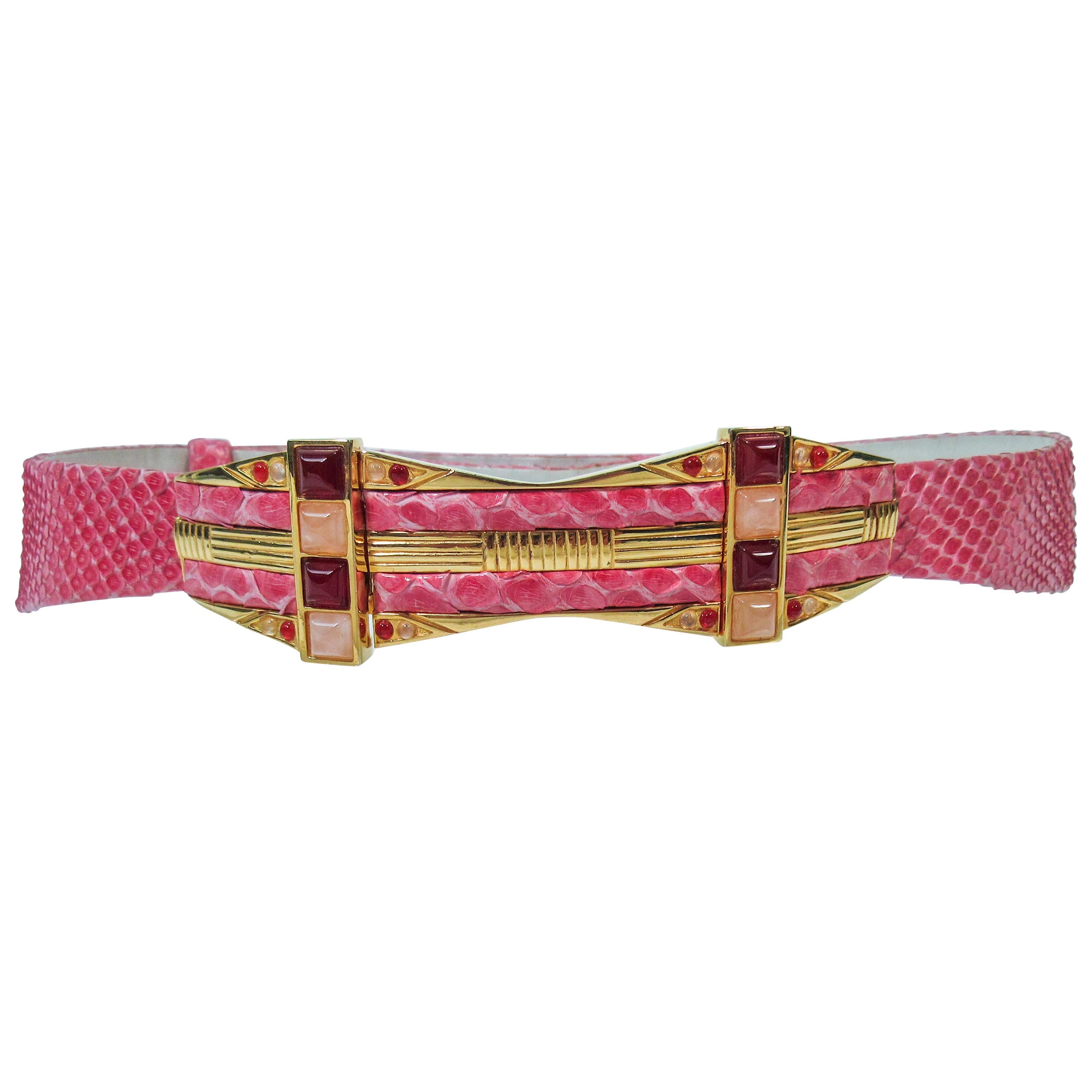 JUDITH LEIBER Pink Snakeskin Belt with Gold Hardware Adjustable