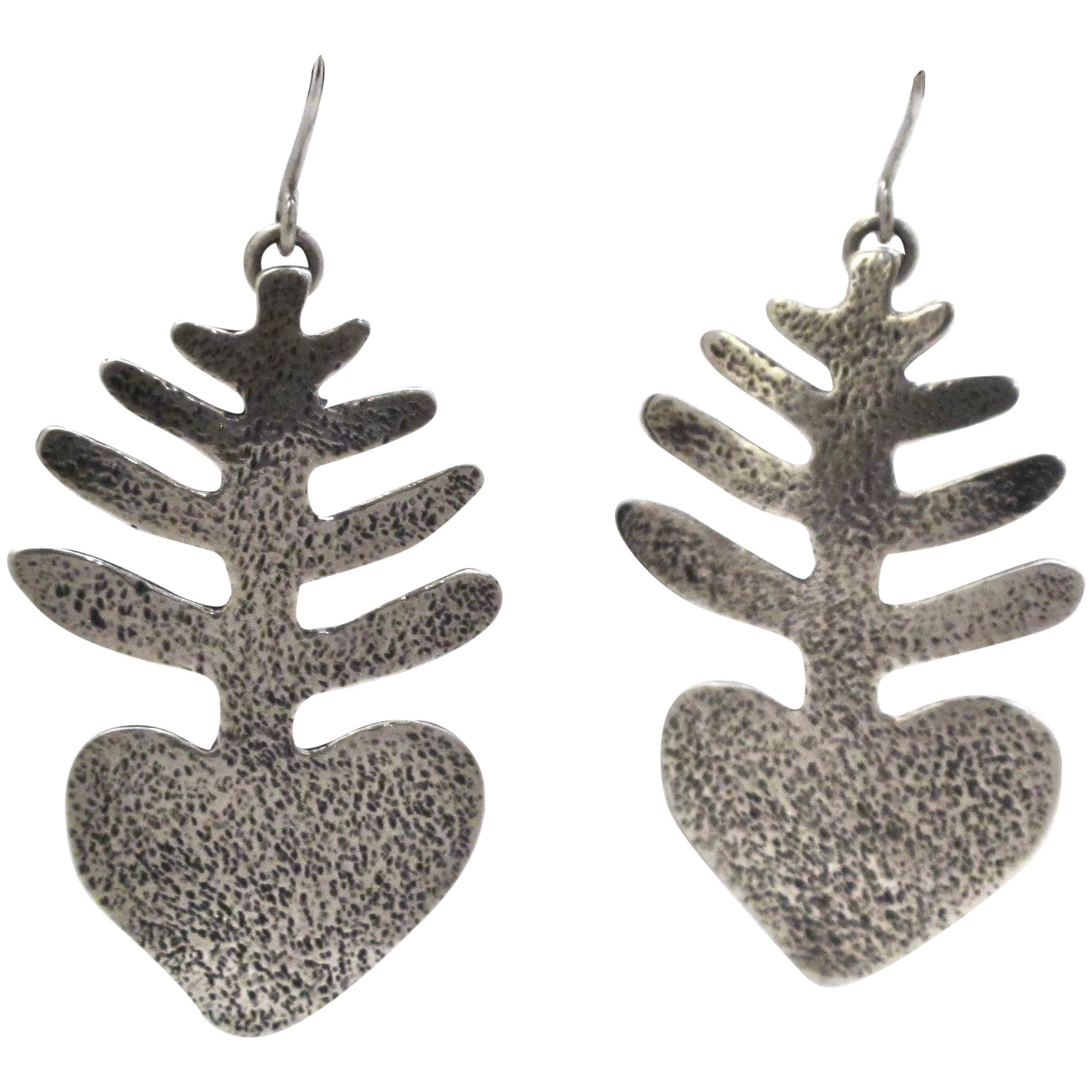 Heart Plant Earrings, by Melanie Yazzie, dangle, silver, cast earrings  